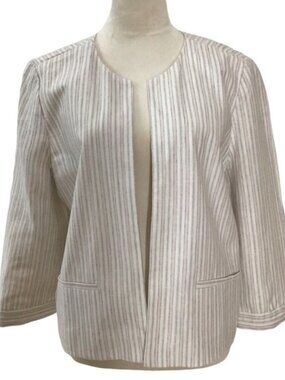 Loft Outlet Linen Blend Striped Open Front Blazer Jacket Tie Detail Sleeves L